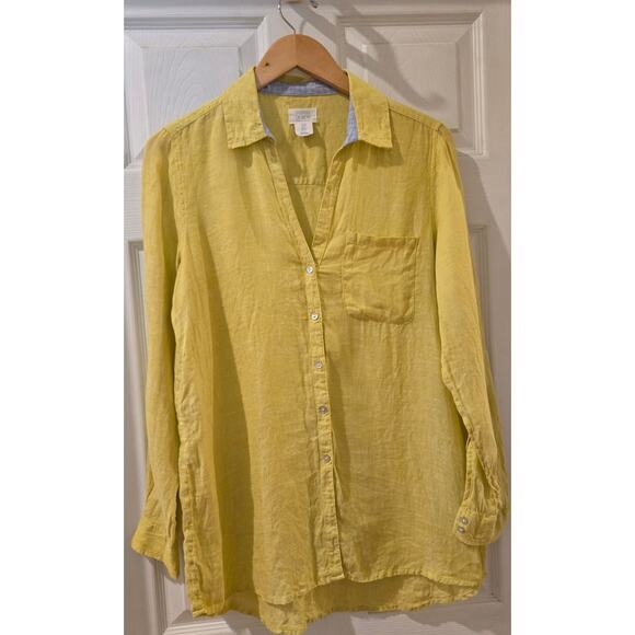 Sigrid Olsen Linen Button Down Shirt Yellow Coastal Preppy Pocket Long Sleeve SM - Picture 2 of 9